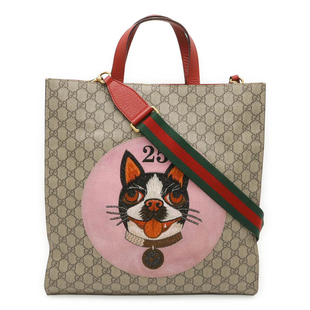 Gucci GG Supreme BOSCO Applique Dog Tote Bag Beige Cream Pink Red
